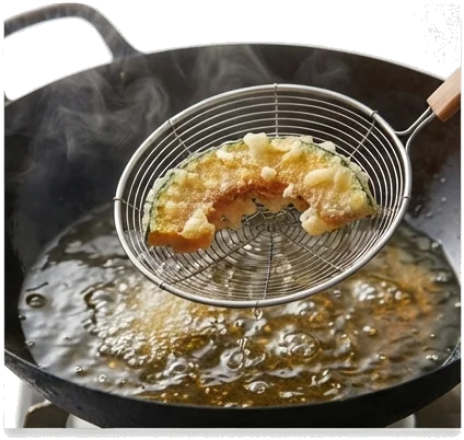 3. Fritura por imersão a 180 °C e escorrimento