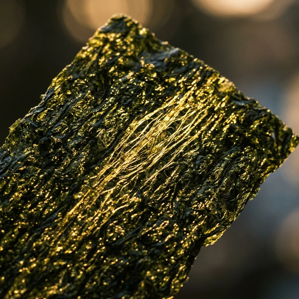 Textura detalhada de alga nori crocante e dourada