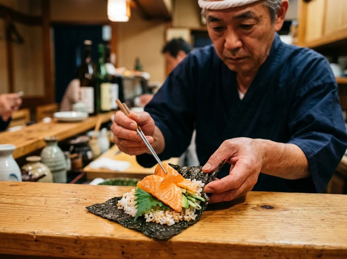 Chef preparando temaki artesanal com precisão